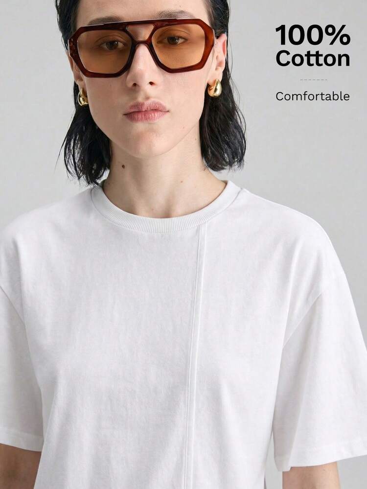 2026 New Structured Line White Waist-Cinched T-Shirt Dress, Peter Pan Collar Long Dress, Suitable For Modern Urban Party, Back To School Season, Urban Minimalist Casual Daily, Bohemian Style, Vacation, Festival, Country Music Concert, Women's Holiday, Easter, Summer, Beach, Office Wear