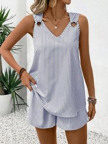 EMERY ROSE Conjunto casual de 2 piezas sin mangas con cuello en V y rayas para mujer - Azul - Ver 5