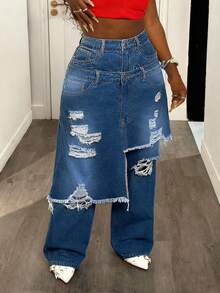 Slaydiva Plus Size Women's Asymmetrical Hem Layered Look Denim Jeans - Medium Wash - View 4