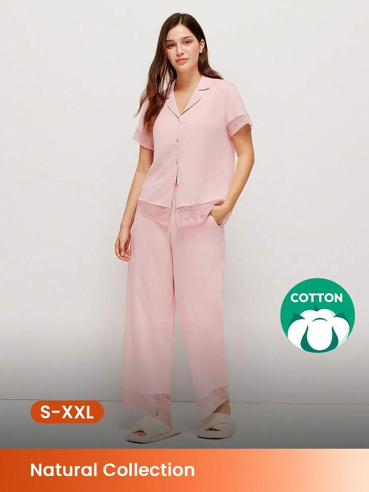 Contrast Trim Short-Sleeve Basic Button-Up Top & Pants Loungewear