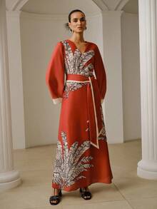 ZEYLAH Women's Brown Sequin Robe Dress With Sash Party Vacation Autumn Sexy - Red - View 4