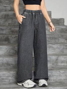 SHEIN Teen Girls Y2K Solid Washed Loose Straight Leg Jeans, Girls Back To School Streetwear - Dark Grey - View 6