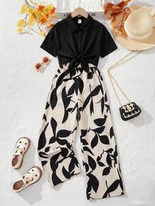 SHEIN Bộ 2 món cho bé gái tuổi teen: Áo sơ mi cổ bẻ in hình lá và áo liền quần có dây đeo. - Nhiều màu - Xem 6