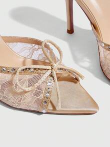 CUCCOO SZL Women Shoes Summer Elegant Rhinestone Bow Decorative Lace Heeled Sandals Summer Shoes - Champagne - View 5