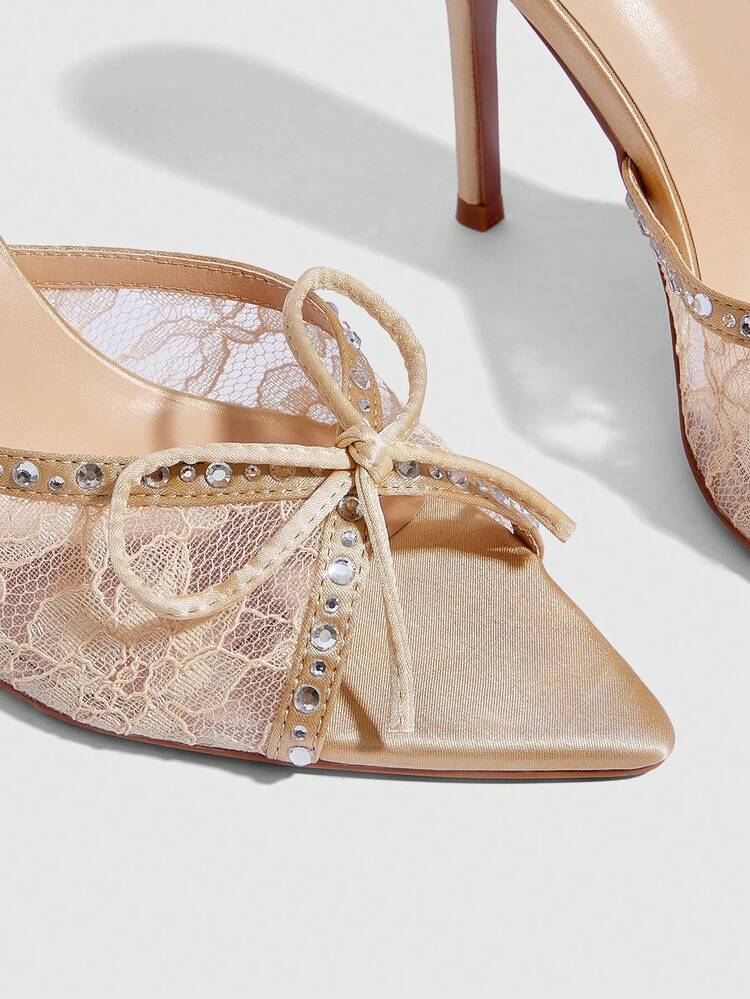 CUCCOO SZL Women Shoes Summer Elegant Rhinestone Bow Decorative Lace Heeled Sandals Summer Shoes
