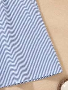 2pcs/Set Tween Girls Light Blue & White Vertical Striped Sleeveless Top With Ruffle Trim And Wide Leg Pants, Comfortable And Stylish For Spring/Summer - Blue - View 6