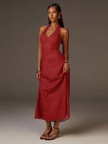 xheAthîral Vestido casual de vacaciones para mujer con cuello halter, sin mangas y hombros abiertos, de unicolor y elegante, adecuado para citas, fiestas y salidasxhe - Rojo - Ver 3