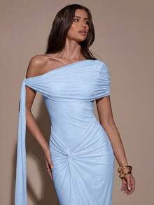 SHEIN BAE 女士纯色扭肩设计修身优雅鱼尾裙 - 淺藍色 - 查看 6
