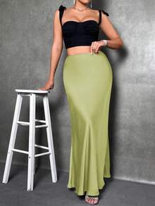 SHEIN Tall Falda de sirena de unicolor para mujer, falda de satén, falda larga elegante, adecuada para fiestas, uso diario, falda negra - Verde Oliva - Ver 3