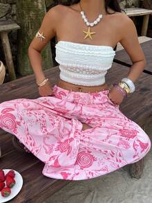 Aloruh Women's Loose Drawstring Waist Sea Turtle Print Pants, Suitable For Vacation - Pink - View 6