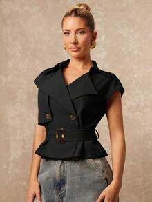 Lumalex 新款秋冬/春季高端女士休闲日常通勤卡其色立领弧肩双排扣设计收腰无袖短款风衣/背心外套，新款春季女装，春夏服装，日常商务休闲装，休闲优雅服装 - 黑色 - 查看 5