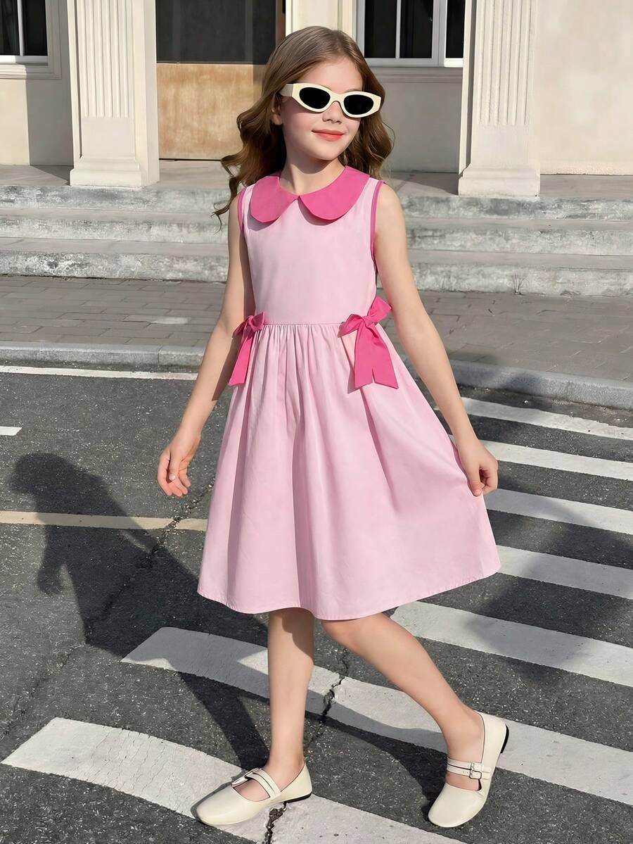 SHEIN Tween女孩休閒學院風可愛對比色彼得潘領結領無袖收腰A字洋裝,粉色洋裝 - 淺粉色 - 查看 1