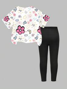 SHEIN 2pcs/Set Girls' Casual Chic Bowknot Leopard Print Pattern T-Shirt And Leggings Outfit, Comfortable Daily Wear For Spring, Summer And Autumn - Multicolor - View 2