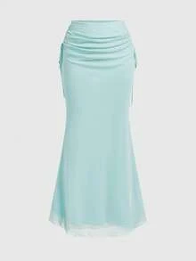 ROMWE Avant Summer Vacation Sexy Ocean Shell Decor Patchwork Hem Bandeau Mermaid Skirt Women 2 Pieces Set - Blue - View 6