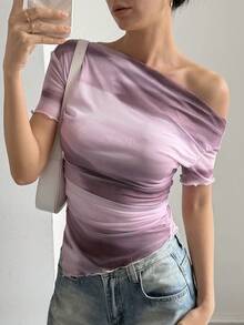 DAZY 女士休闲优雅渐变粉色网眼T恤，春夏款 - 粉色 - 查看 6