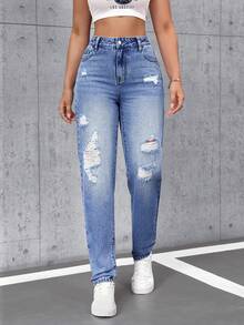 SHEIN Tall 女士高腰口袋做旧锥形休闲牛仔裤 - 藍色 - 查看 4