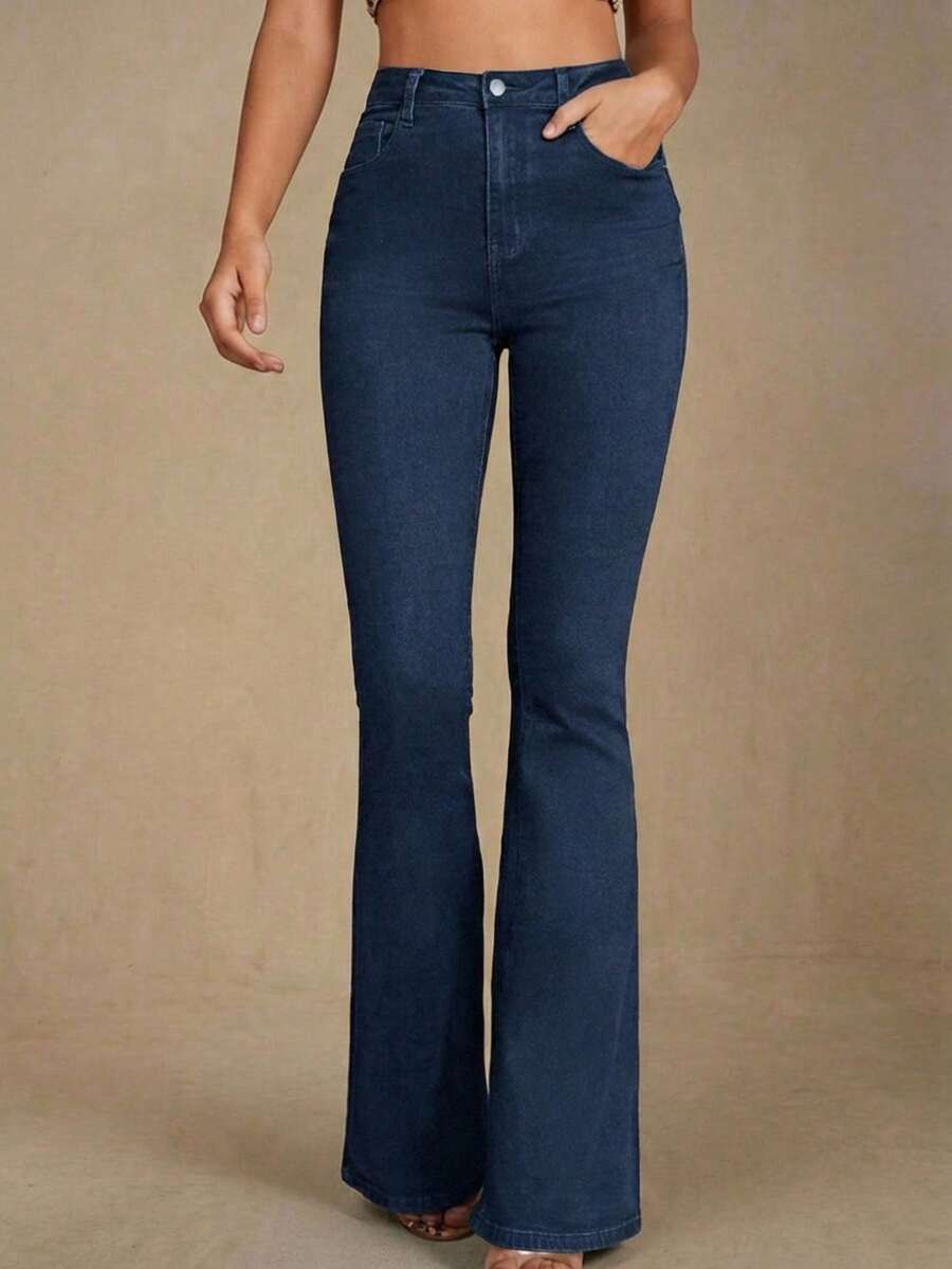 Quần jean denim ống loe có túi dành cho nữ - Màu xanh hải quân - Xem 1