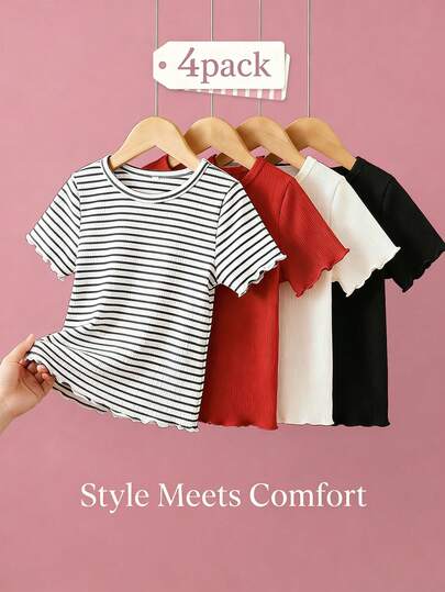 Souflis Souflis Baby Girl Solid Color + Striped Print Round Neck Short Sleeve Top