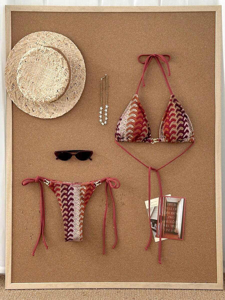 Swim Vcay Conjunto de traje de baño informal de verano con parte superior de triángulo sin tirantes de punto jacquard y Bottom tipo tanga para mujer - Multicolor - Ver 1