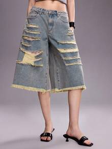 ROMWE Vintage Sexy Distressed Ripped Baggy Frayed Low Waist Extra Loose 3/4 Length Jeans Swimming Pastal Summer - Blue - View 1