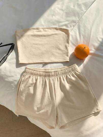 Comfortcana 2pcs/Set Women's Casual Apricot Cropped Tube Top And Shorts Set, Summer