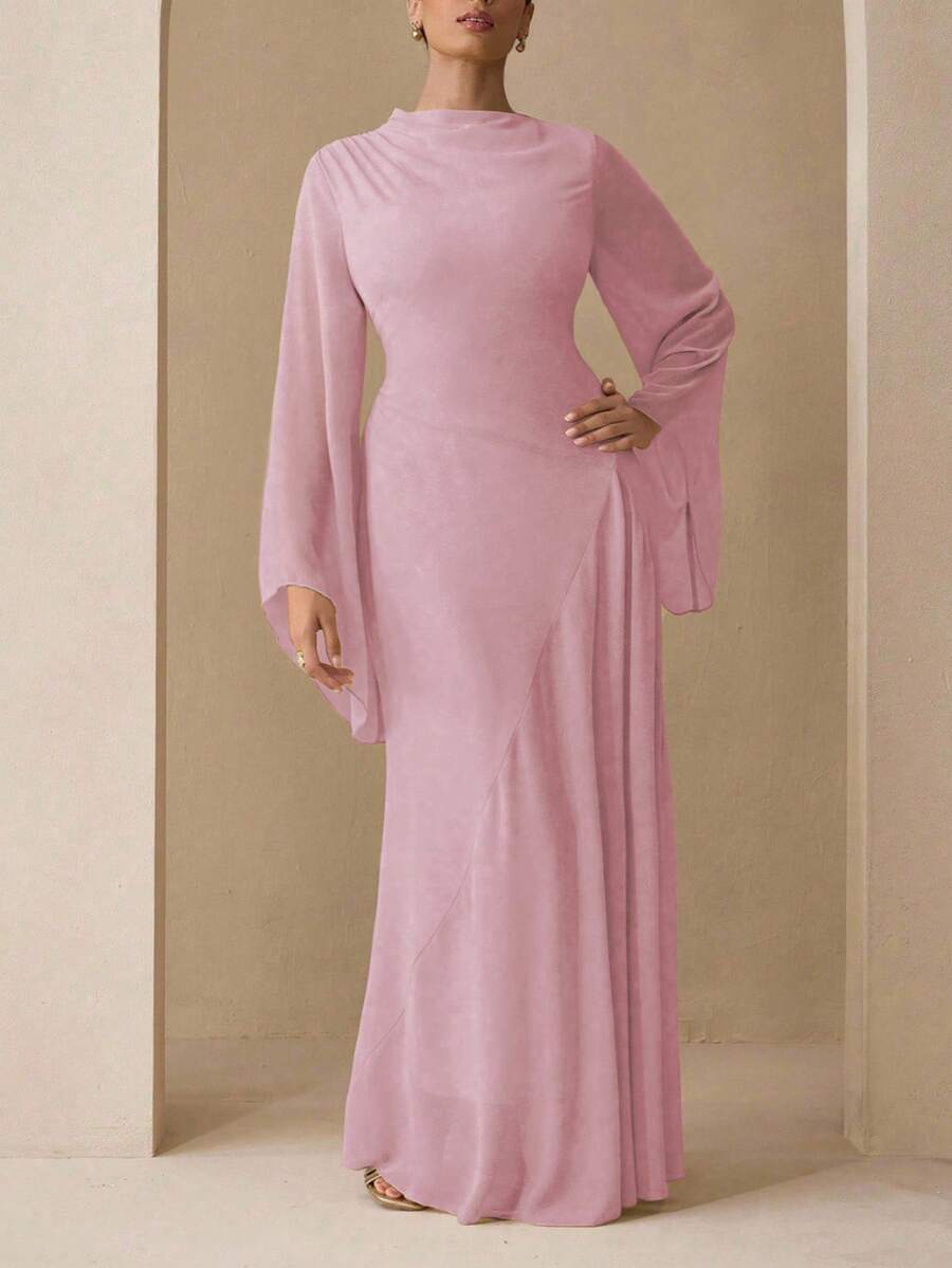 Modelyn Elegant Chiffon Pastel Color Pink Asymmetrical Draped Modest Traditional Vacation For Women Maxi Dress, Back To School, Plus Size, Autumn Fall - Pink - View 1