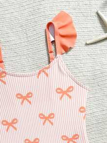 Young Girl One Piece Swimsuit Summer Beach Holiday Bow Print Ruffle Strap Bathing Suit With Mesh Wrap Skirt,High Elastic Breathable Kids Swimwear - Orange - View 3