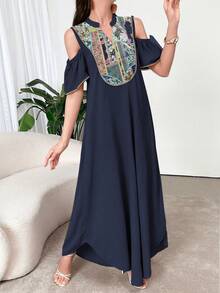 Al Najma Floral Patchwork Off-Shoulder Elegant Arabic Style Dress - Royal Blue - View 3