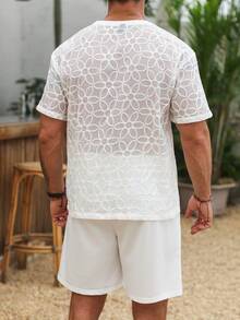 VENTUSAIL Conjunto casual masculino de camiseta de manga curta com gola redonda e textura floral, ideal para as festas de fim de ano. - Branco - Ver 2