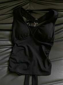 Franclia Women's Casual Backless Chain Decor Padded Camisole Top - Black - View 2
