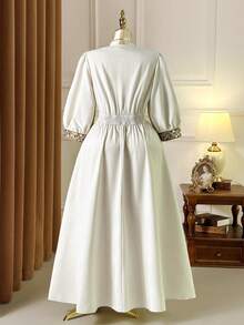 Rometta Plus Size Women's Elegant White Winter Bridal Wedding Dress, Al-Adha Lace & Sequin Trim Fit & Flare Vintage Luxury Embroidered Reception Dresses - Apricot - View 2