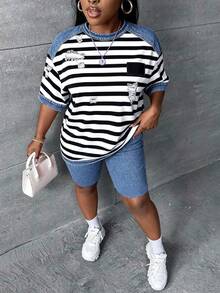 Slaydiva Bộ 2 món áo thun và quần short kẻ sọc phối màu dành cho nữ. - Nhiều màu - Xem 4