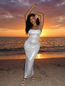 BamGleam 银色露背系带长款连衣裙 | 性感修身派对女装 - 銀色 - 查看 1