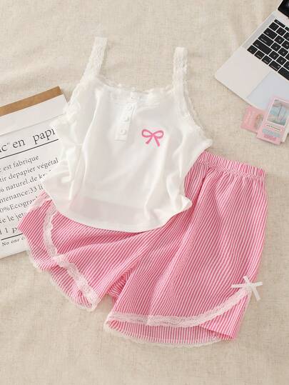 少女蕾丝蝴蝶结白色罗纹上衣和粉色罗纹短裤睡衣套装