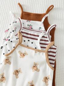 Cozy Pixies 5件套女婴幼儿可爱卡通针织纯色、波点、花卉、小熊印花吊带连体衣套装 - 彩色 - 查看 8