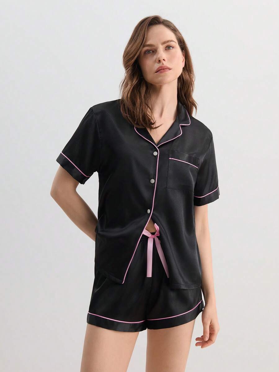 Hourtrue Contrast Piping Blouse & Bow Front Shorts PJ Set / Pajama Set Bow Tiefor Summer - Black - View 1