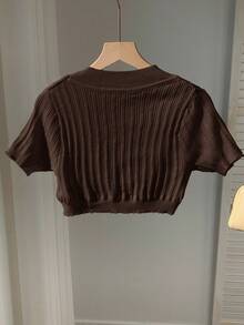 SHEIN EZwear Cardigan Rajut Lengan Pendek Cokelat Kasual Lucu untuk Wanita, Musim Semi/Panas - Coklat - View 2