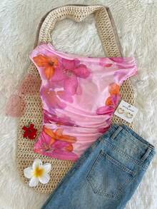 Firerie 女士不对称肩部扎染印花褶皱T恤衬衫，印花衬衫，不对称肩部上衣，适合春夏、海滩、通勤、优雅、性感、度假、波西米亚风、夏威夷、音乐节、浪漫、约会等场合。 - 彩色 - 查看 3