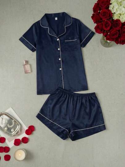 Conjunto de pijama de satén con estampado de liston y ribete contrastante, ropa de otoño cálida y elegante, invierno y verano, camiseta y pantalon comodos y suaves