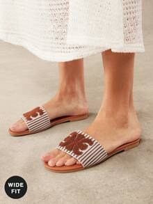 SHUZIA Women's Wide Fit Elegant Embroidery Upper Slip-On Flat Sandals - Khaki - View 4