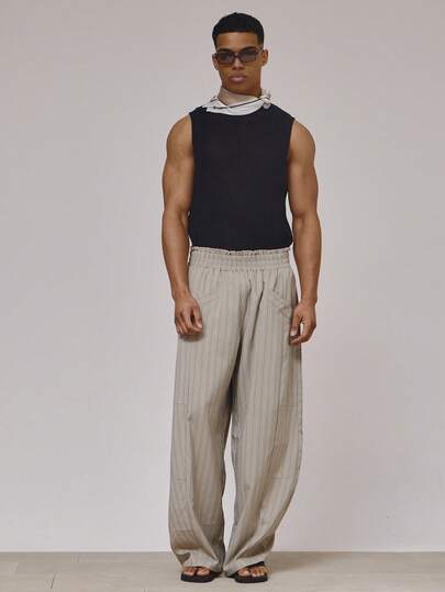Musero Oversized Paper Bag Elasticated Waistband Balloon Tapered Leg Fit Pin Stripe Side Insert Pockets Spring Summer Essentials Holiday Beach
