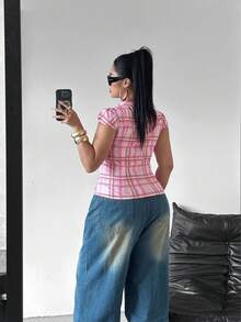 Sunspun Áo sơ mi nữ cỡ lớn kẻ caro tay ngắn cổ chữ V thời trang - Nhiều màu - Xem 2
