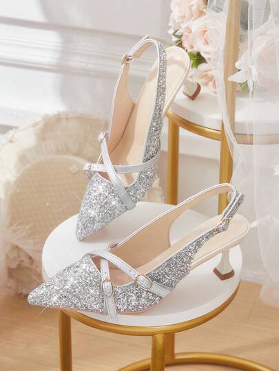 CUCCOO HITCHD Women'shoes Spring And Summer New Stiletto High Heel Romantic Elegant Silver Glitter PU Women's High Heel Shoes Dress Shoes Bridal Shoes Wedding Season Party Valentine's Day Elegant Wear