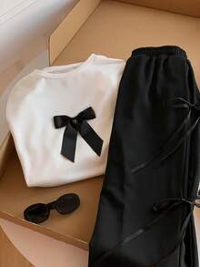 SHEIN EZwear 2 件女式套装：圆领长袖上衣配蝴蝶结装饰和长裤，休闲 - 彩色 - 查看 3