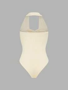 Elenzga Body de mujer de unicolor con escote pronunciado y diseño de 2 en 1 sexy tipo halter - Albaricoque - Ver 4