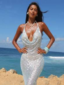 Opulessa Light Blue Sequin Halter Mermaid Backless Dress For Women, 70s Elegant Tropical Formal Luxury Outfit For Summer Holiday, Party Vacation Beach Wedding - Blue - View 3