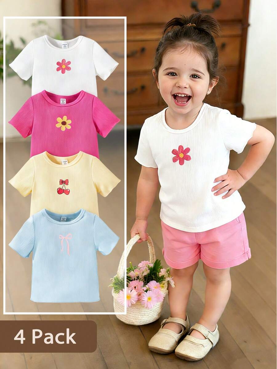 SHEIN Vintaside Kids 4 chiếc áo thun ngắn tay thêu họa tiết dễ thương, đa năng cho bé gái. - Nhiều màu - Xem 1