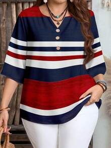 EMERY ROSE Casual Minimalist Vintage Coin Style Nautical Red Blue White Striped Placement Print 3/4 Sleeve Shirt For Women, Suitable For Spring & Summer - Multicolor - View 1