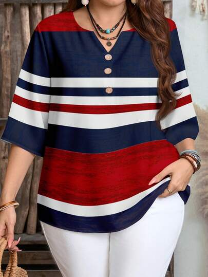 EMERY ROSE Camisa de mujer de manga 3/4 con estampado de rayas náuticas rojas, azules y blancas en estilo minimalista vintage, adecuada para primavera y verano