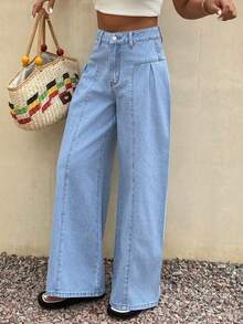 DAZY 女士宽松褶裥阔腿休闲裤，度假海滩风，春夏款 - 藍色 - 查看 3